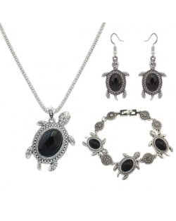 Artificial Turquoise Embellished Turtles Design 3pcs Fashion Jewelry Set - Black