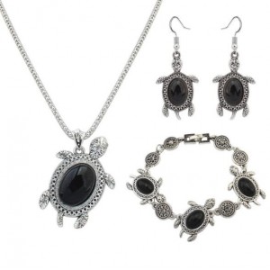 Artificial Turquoise Embellished Turtles Design 3pcs Fashion Jewelry Set - Black