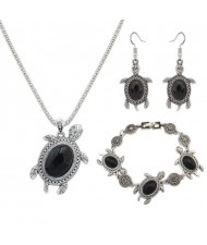 Artificial Turquoise Embellished Turtles Design 3pcs Fashion Jewelry Set - Black