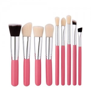 9 pcs Pinky Wooden Handle Fashion Makeup Brushes Set