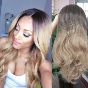 Black and Golden Gradient Color Body Wave Long Hair Middle Side Part Women Synthetic Wig