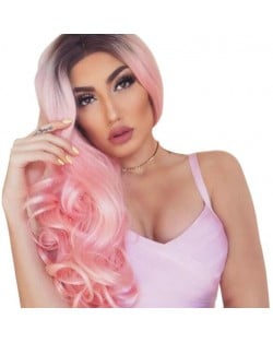 Black and Pink Gradient Color Body Wave Long Hair Women Synthetic Wig