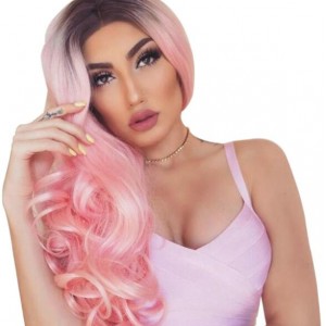 Black and Pink Gradient Color Body Wave Long Hair Women Synthetic Wig