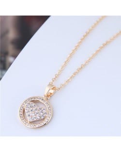 Cubic Zirconia Inlaid Heart Round Pendant High Fashion Statement Necklace