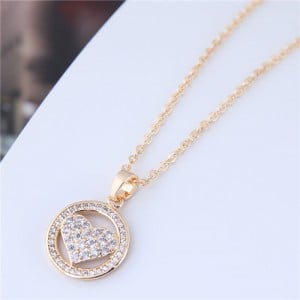 Cubic Zirconia Inlaid Heart Round Pendant High Fashion Statement Necklace