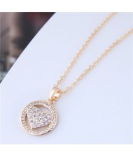 Cubic Zirconia Inlaid Heart Round Pendant High Fashion Statement Necklace