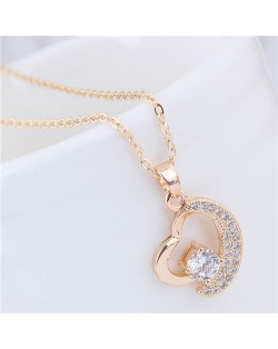 Cubic Zirconia Embellished Graceful Moon and Star Combined Heart Pendant Fashion Necklace