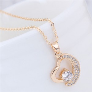 Cubic Zirconia Embellished Graceful Moon and Star Combined Heart Pendant Fashion Necklace