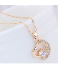 Cubic Zirconia Embellished Graceful Moon and Star Combined Heart Pendant Fashion Necklace