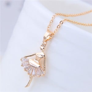 Cubic Zirconia Decorated Elegant Dancer Pendant Golden Fashion Necklace