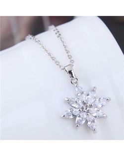 Glistening Cubic Zirconia Flower Pendant Long Chain Fashion Copper Necklace