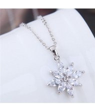 Glistening Cubic Zirconia Flower Pendant Long Chain Fashion Copper Necklace