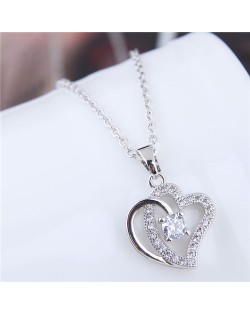 Cubic Zirconia Embellished Shining Dual Hearts Pendant Long Chain Fashion Necklace