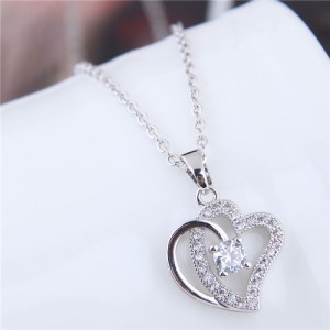 Cubic Zirconia Embellished Shining Dual Hearts Pendant Long Chain Fashion Necklace