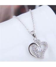 Cubic Zirconia Embellished Shining Dual Hearts Pendant Long Chain Fashion Necklace