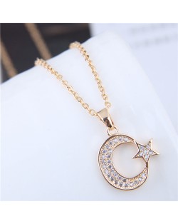 Cubic Zirconia Embellished Shining Star and Moon Pendant Design Copper Fashion Necklace