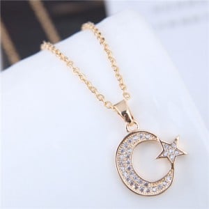 Cubic Zirconia Embellished Shining Star and Moon Pendant Design Copper Fashion Necklace