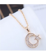 Cubic Zirconia Embellished Shining Star and Moon Pendant Design Copper Fashion Necklace