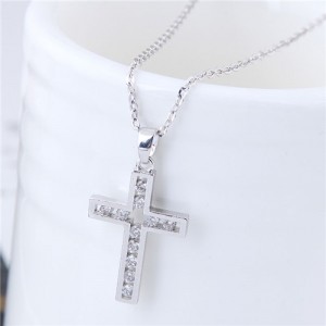 Glistening Cubic Zirconia Inlaid Cross Pendant Fashion Copper Necklace