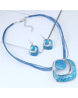 Bold Hollow Oil-spot Glazed Alloy Squares Design Rope Costume Neckalce and Earrings Set - Blue