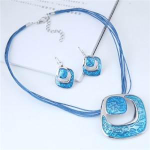 Bold Hollow Oil-spot Glazed Alloy Squares Design Rope Costume Neckalce and Earrings Set - Blue