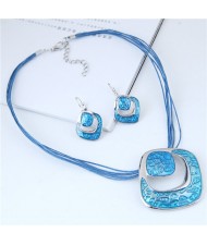 Bold Hollow Oil-spot Glazed Alloy Squares Design Rope Costume Neckalce and Earrings Set - Blue