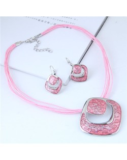 Bold Hollow Oil-spot Glazed Alloy Squares Design Rope Costume Neckalce and Earrings Set - Pink