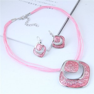 Bold Hollow Oil-spot Glazed Alloy Squares Design Rope Costume Neckalce and Earrings Set - Pink