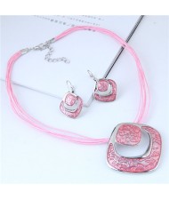 Bold Hollow Oil-spot Glazed Alloy Squares Design Rope Costume Neckalce and Earrings Set - Pink