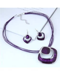 Bold Hollow Oil-spot Glazed Alloy Squares Design Rope Costume Neckalce and Earrings Set - Purple