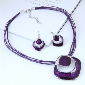 Bold Hollow Oil-spot Glazed Alloy Squares Design Rope Costume Neckalce and Earrings Set - Purple