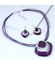 Bold Hollow Oil-spot Glazed Alloy Squares Design Rope Costume Neckalce and Earrings Set - Purple