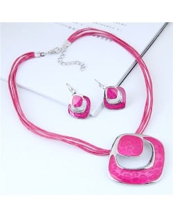 Bold Hollow Oil-spot Glazed Alloy Squares Design Rope Costume Neckalce and Earrings Set - Rose
