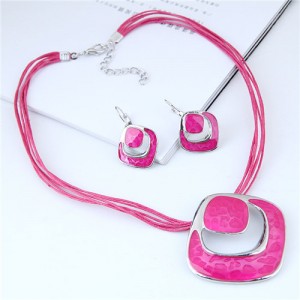 Bold Hollow Oil-spot Glazed Alloy Squares Design Rope Costume Neckalce and Earrings Set - Rose