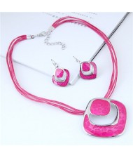 Bold Hollow Oil-spot Glazed Alloy Squares Design Rope Costume Neckalce and Earrings Set - Rose