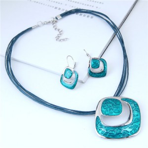 Bold Hollow Oil-spot Glazed Alloy Squares Design Rope Costume Neckalce and Earrings Set - Green