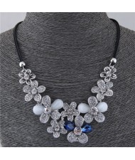 Rhinestone Embellished Flowers Cluster Design Short Rope Costume Necklace - Ink Blue