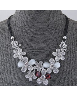 Rhinestone Embellished Flowers Cluster Design Short Rope Costume Necklace - Red