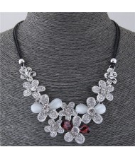 Rhinestone Embellished Flowers Cluster Design Short Rope Costume Necklace - Red