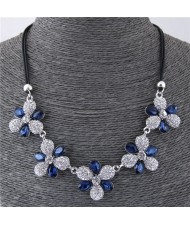 Glistening Summer Flowers High Fashion Rope Short Statement Necklace - Ink Blue