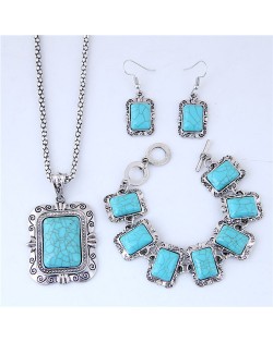 Artificial Turquoise Inlaid Square Fashion Necklace Bracelet and Earrings Set