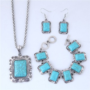 Artificial Turquoise Inlaid Square Fashion Necklace Bracelet and Earrings Set