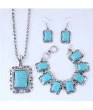 Artificial Turquoise Inlaid Square Fashion Necklace Bracelet and Earrings Set