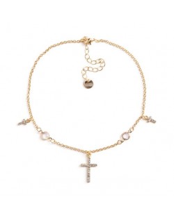 Rhinestone Inlaid Shining Cross High Fashion Costume Necklace - Golden