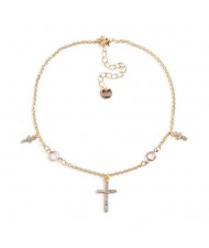 Rhinestone Inlaid Shining Cross High Fashion Costume Necklace - Golden