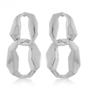 Bold Fashion Abstract Linked Hoop Design Statement Earrings - Silver