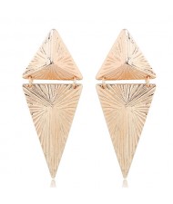 Coarse Texture Linked Triangles Bold Design High Fashion Statement Earrings - Golden