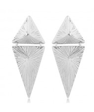 Coarse Texture Linked Triangles Bold Design High Fashion Statement Earrings - Silver