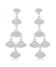 Dangling Linked Fans High Fashion Statement Earrings - Silver