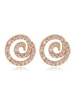 High Level Cubic Zirconia Embellished Vortex Design Korean Fashion Earrings - Champagne Gold